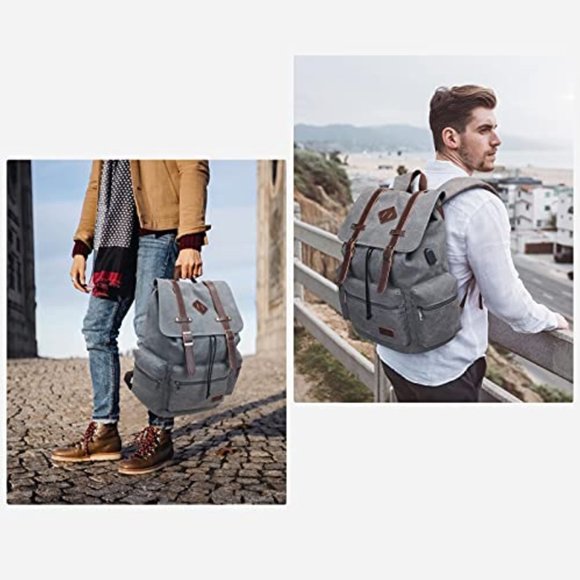 Mens Canvas Vintage Backpack for Men, Travel Laptop Backpack Fits 17/15.6 Inch - Picture 7 of 11